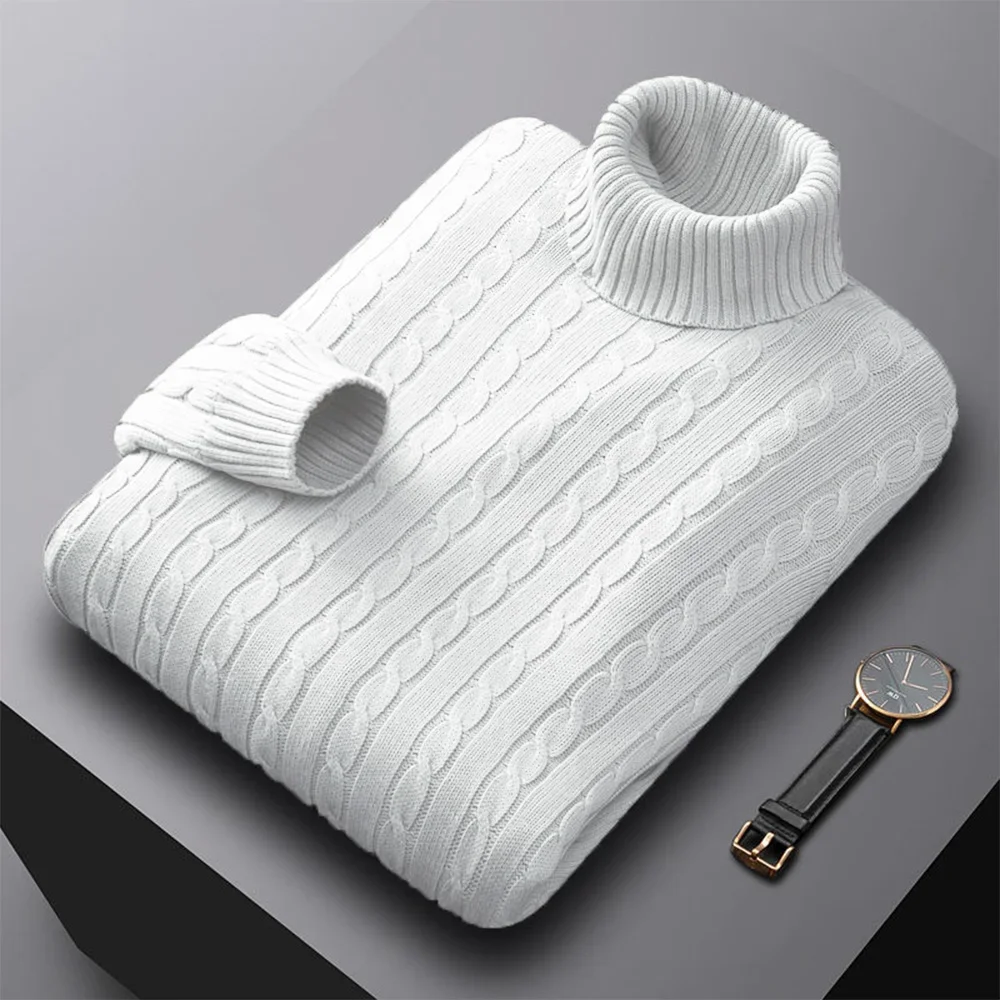 Autumn New Men's Turtleneck Jacquard Sweater Solid Color Knitted Pullover Casual Warmth High Elastic Versatile Male Sweatwear thumbnail 4