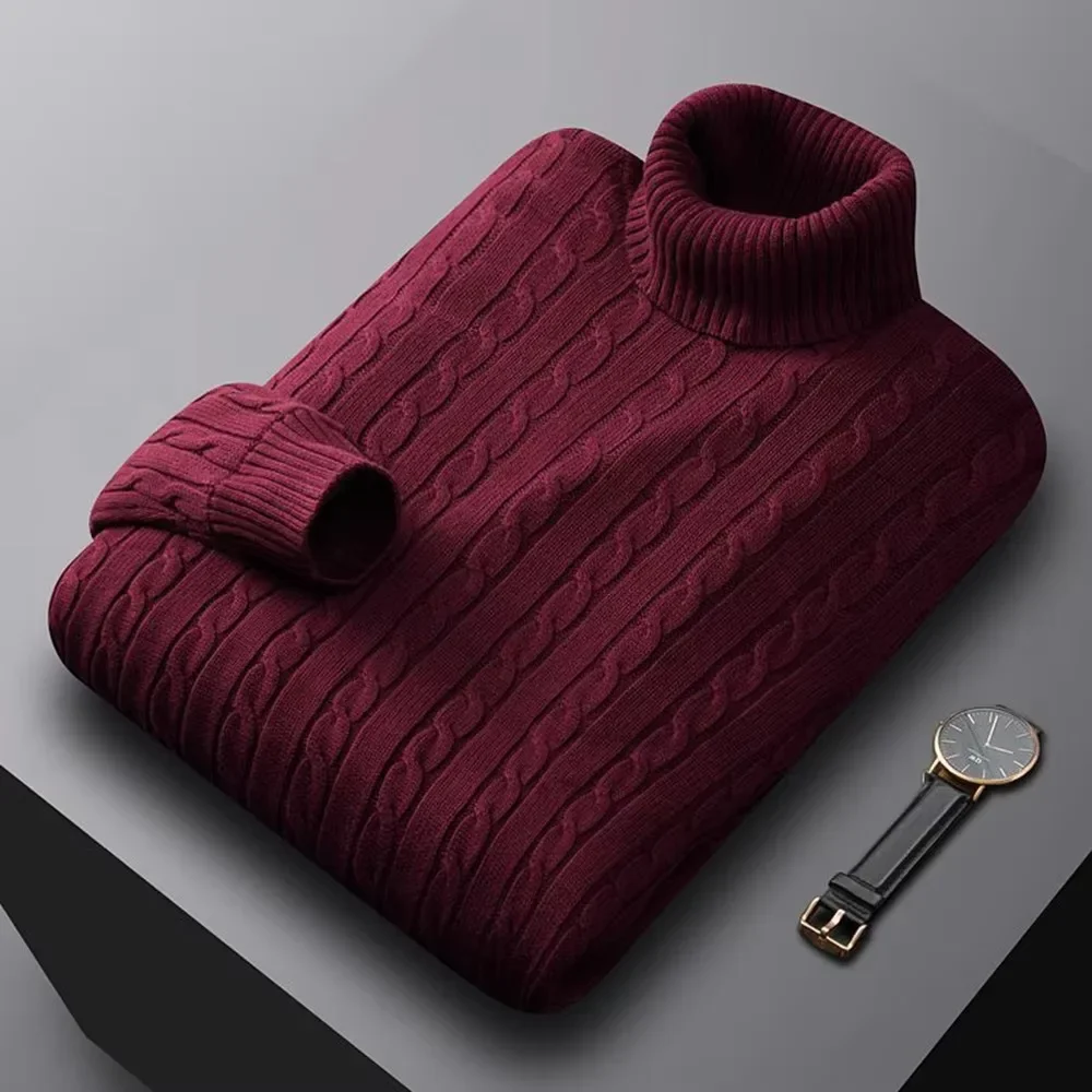Autumn New Men's Turtleneck Jacquard Sweater Solid Color Knitted Pullover Casual Warmth High Elastic Versatile Male Sweatwear thumbnail 5
