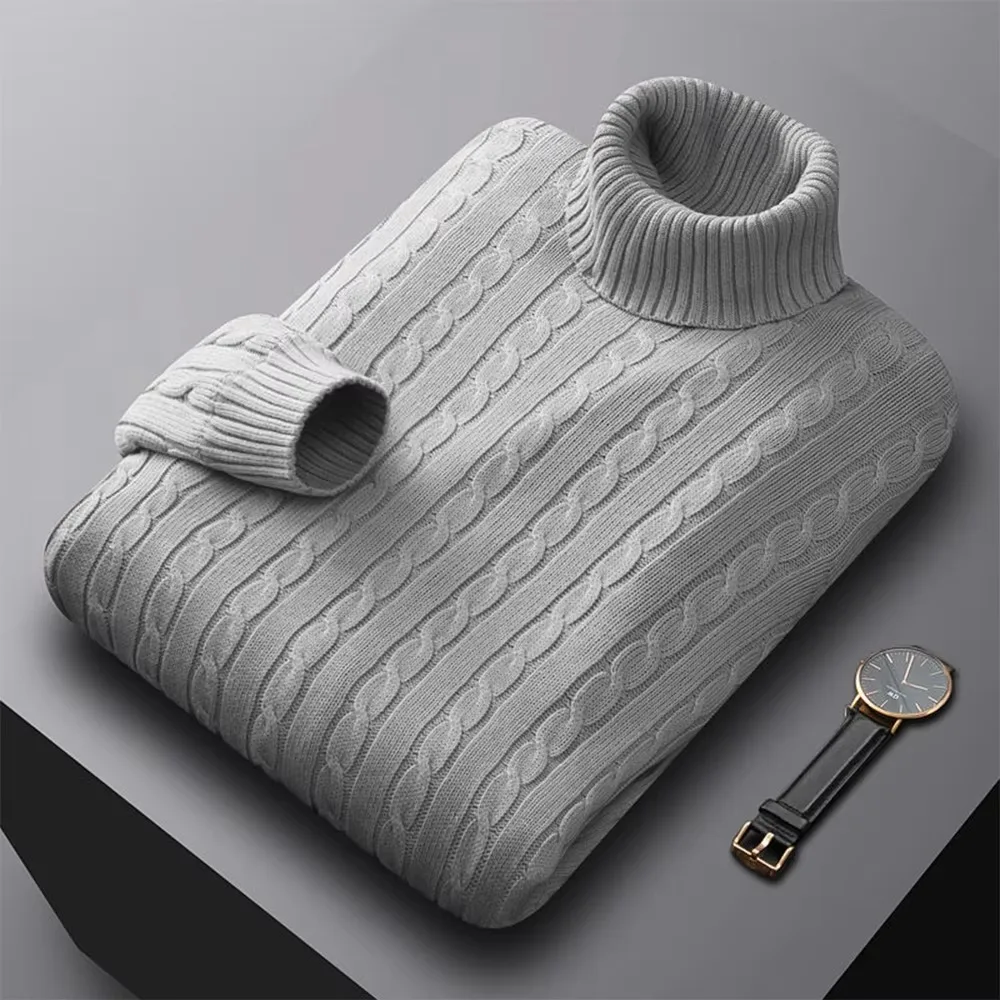 Autumn New Men's Turtleneck Jacquard Sweater Solid Color Knitted Pullover Casual Warmth High Elastic Versatile Male Sweatwear thumbnail 2