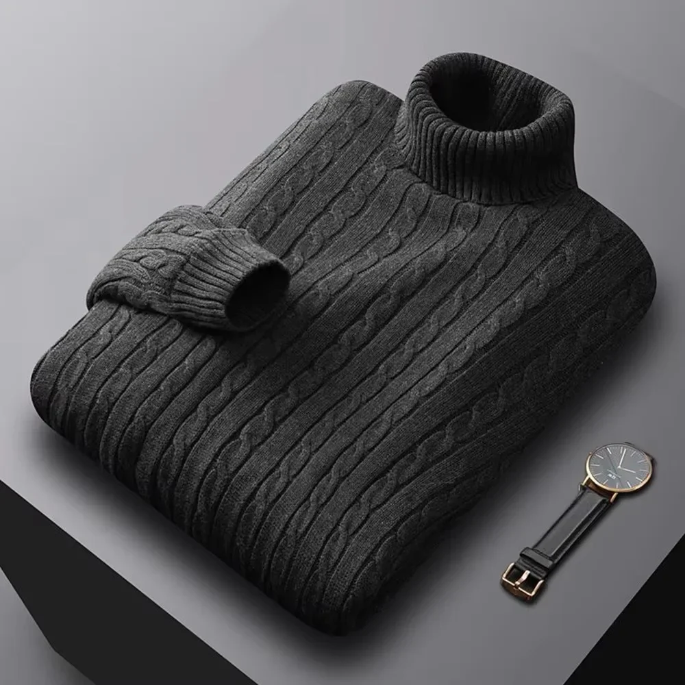 Autumn New Men's Turtleneck Jacquard Sweater Solid Color Knitted Pullover Casual Warmth High Elastic Versatile Male Sweatwear