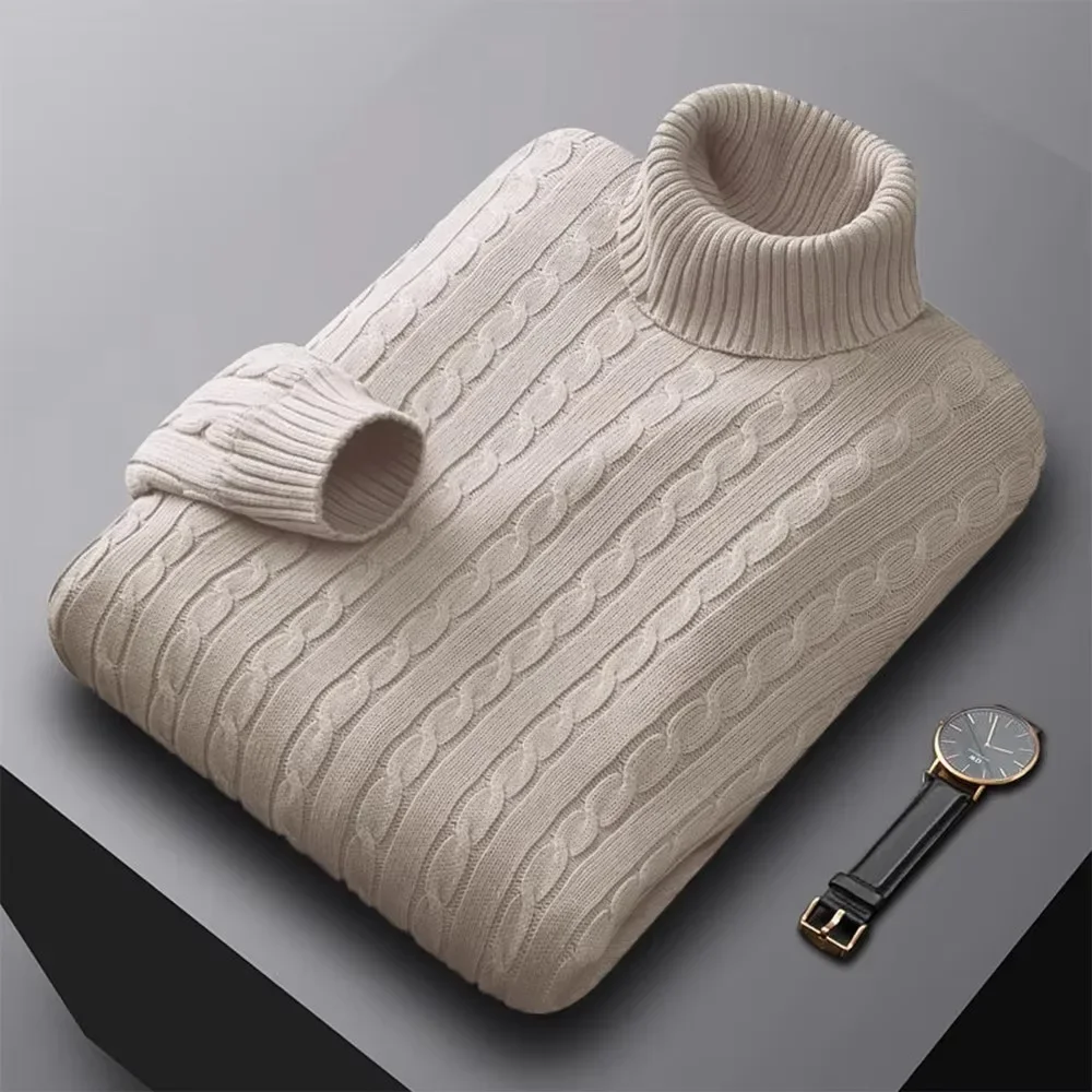 Autumn New Men's Turtleneck Jacquard Sweater Solid Color Knitted Pullover Casual Warmth High Elastic Versatile Male Sweatwear thumbnail 3