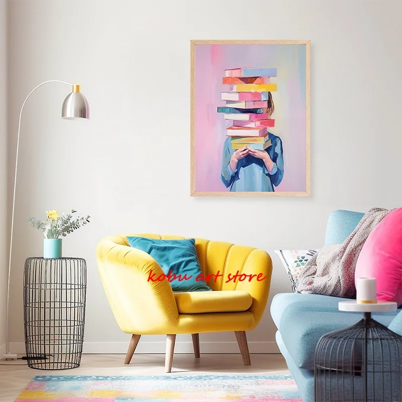 Pastel Watercolor Holding Books Reading Poster Canvas Printing Stack Books Wall Art Picture for Library Study Room Home Decor thumbnail 4