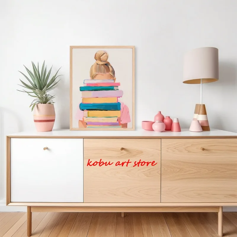 Pastel Watercolor Holding Books Reading Poster Canvas Printing Stack Books Wall Art Picture for Library Study Room Home Decor thumbnail 2
