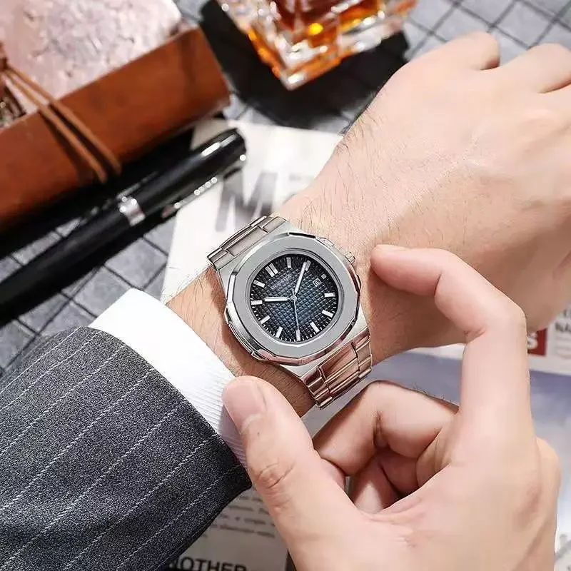 2024 Luxury Fashion Casual Men Watches Big Dial Silver Stainless Steel Calendar Quartz Wristwatch Classic Top Brand Male Clock thumbnail 3
