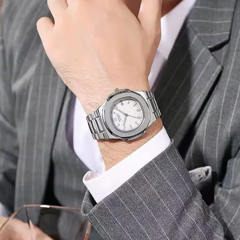 2024 Luxury Fashion Casual Men Watches Big Dial Silver Stainless Steel Calendar Quartz Wristwatch Classic Top Brand Male Clock thumbnail 4