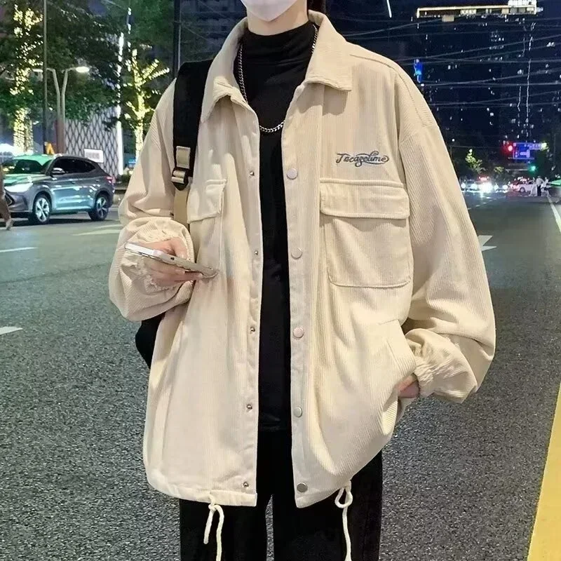 2026 New Men's Y2K Vintage Corduroy Cargo Jacket Autumn Letter Embroidered Button Jacket Casual Baggy Ropa Hombre Blouse Coats