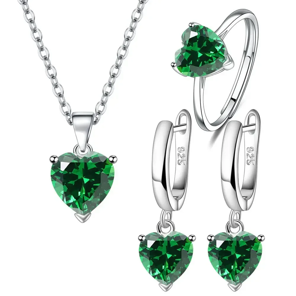 Fine 925 Sterling Silver Color Jewelry Gift Sets for Women Female Romantic Heart Zircon Huggie Earrings Pendant Necklace Ring thumbnail 3