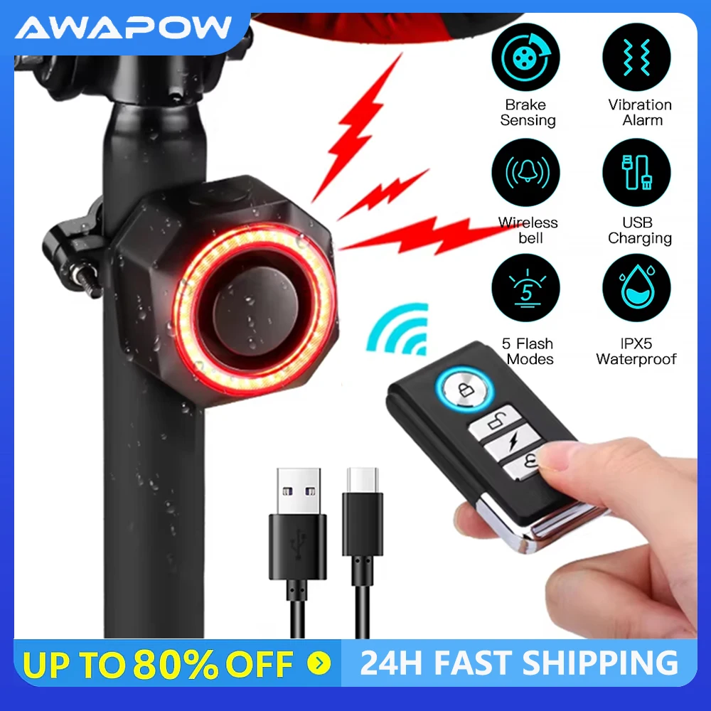 Awapow Bicycle Alarm Taillight Burglar Bike Light USB Charging Smart Auto Brake Sensing Waterproof Anti Theft Smart Bicycle Lamp
