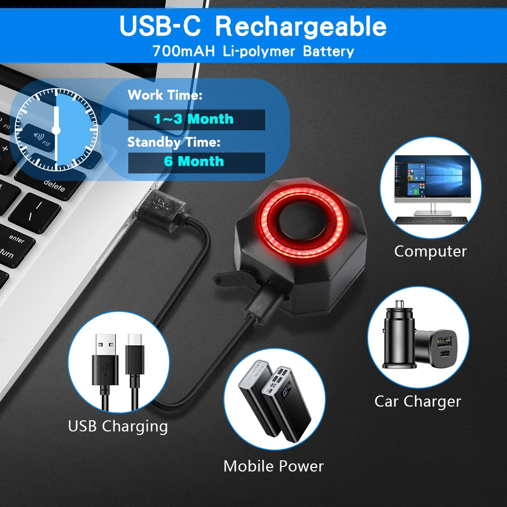 Awapow Bicycle Alarm Taillight Burglar Bike Light USB Charging Smart Auto Brake Sensing Waterproof Anti Theft Smart Bicycle Lamp thumbnail 3