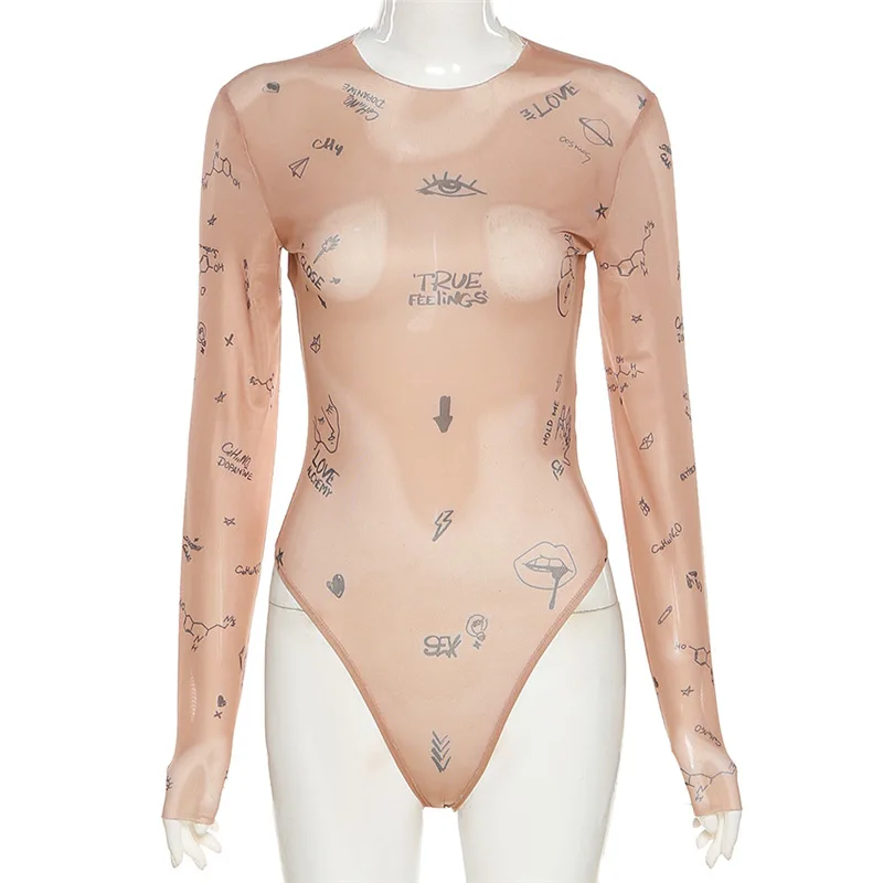 Sexy tight-fitting one-piece Top Women Long-Sleeved Bodysuits O-Neck Basic Party Wear Print Summer Wild Slim Bodysuits thumbnail 6