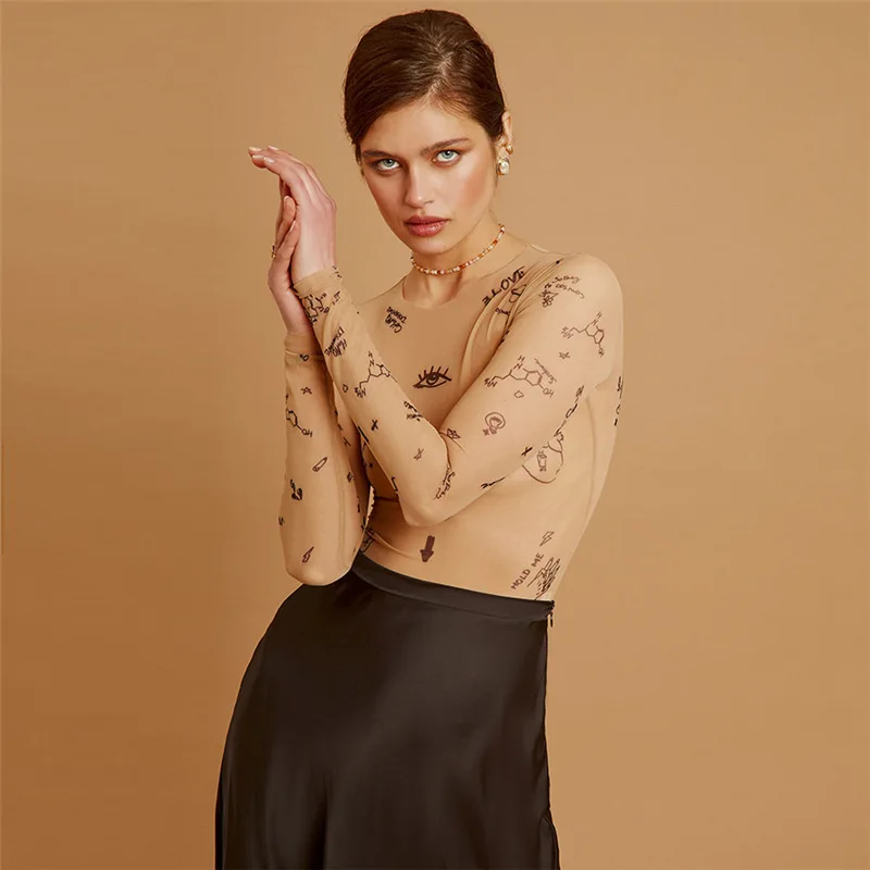 Sexy tight-fitting one-piece Top Women Long-Sleeved Bodysuits O-Neck Basic Party Wear Print Summer Wild Slim Bodysuits thumbnail 4