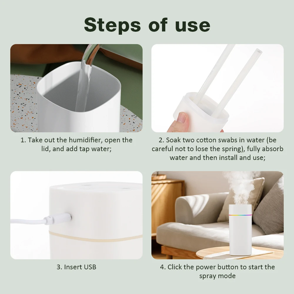 600ML Air Humidifier Double Spray Port Essential Oil Aromatherapy Diffuser Mute Atomizer Colorful Lights For Home Office Car thumbnail 6
