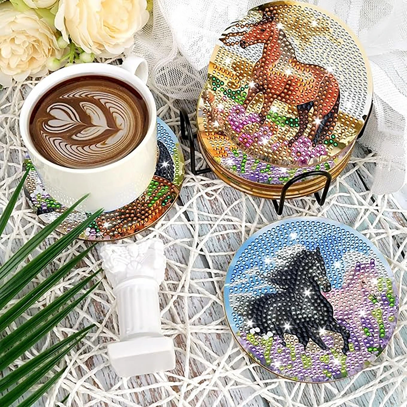 8 pieces/set animal horse pattern diamond painted coaster set with holder DIY coaster beginner coaster, craft supplies gift thumbnail 4
