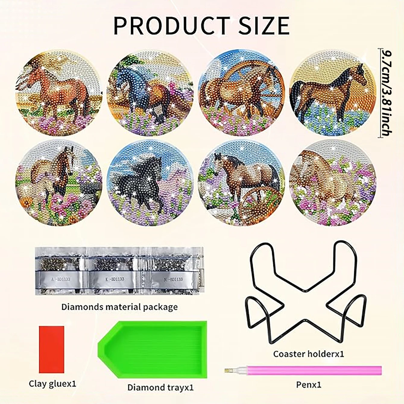 8 pieces/set animal horse pattern diamond painted coaster set with holder DIY coaster beginner coaster, craft supplies gift thumbnail 2