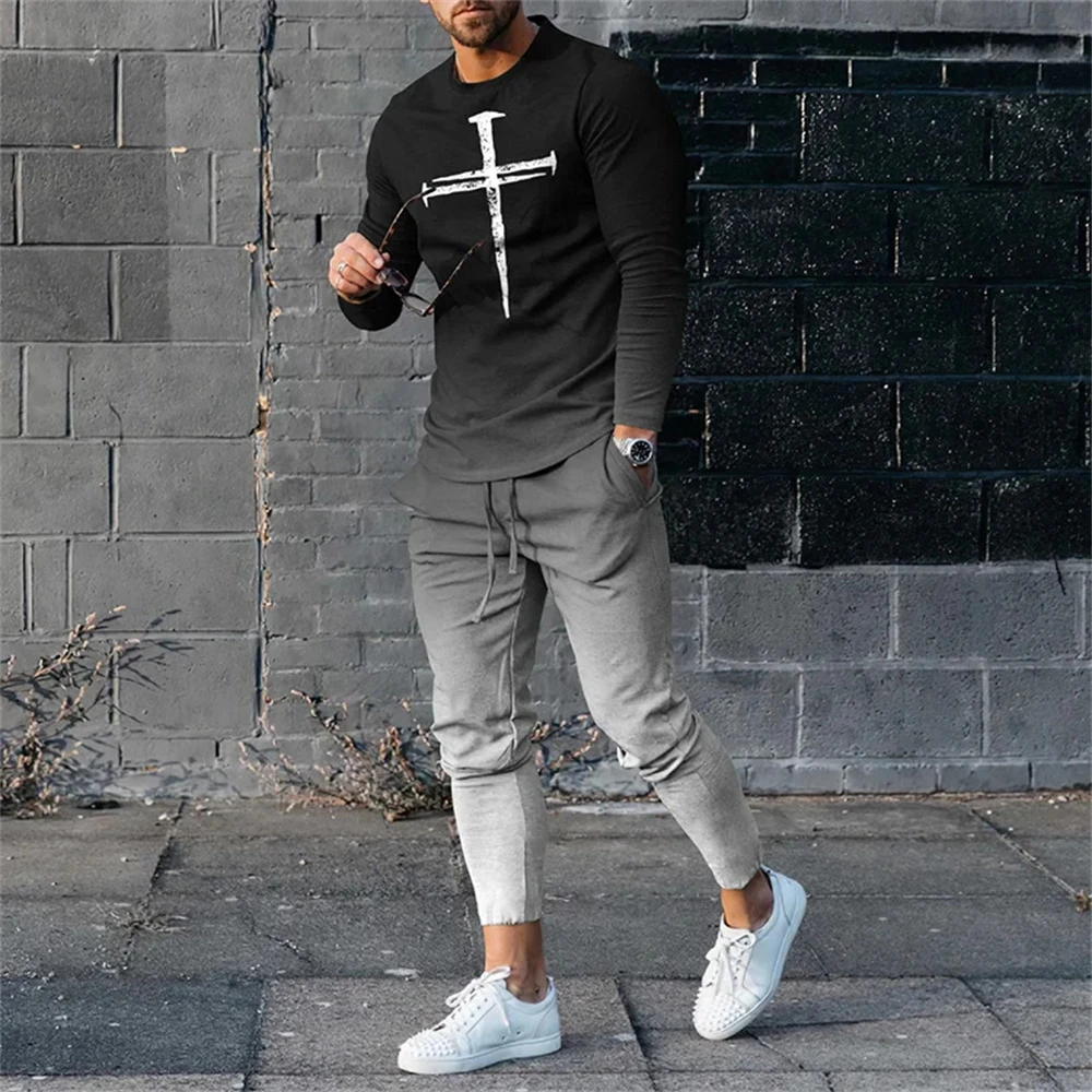 Autumn Casual Fashion 3D Print Men's Sportswear Set Long-Sleeved T Shirt Pants 2-Piece Set Oversized Pullover Men Clothing thumbnail 3