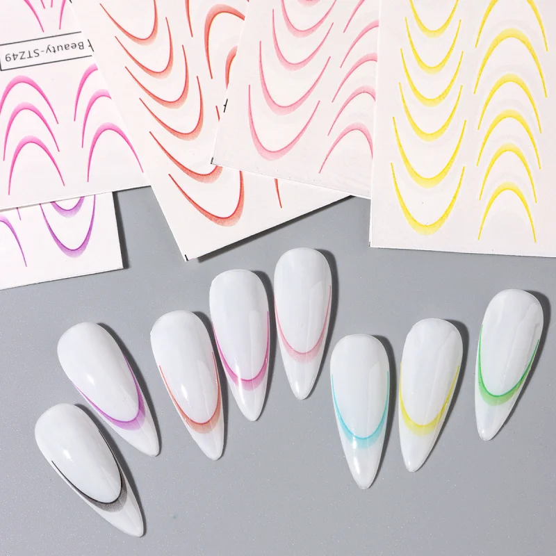 8pcs Gradient French Line Water Nail Stickers Set Colorful Stripe Ombre Designs Decals Guides for DIY Decoration Stencil Tools thumbnail 6