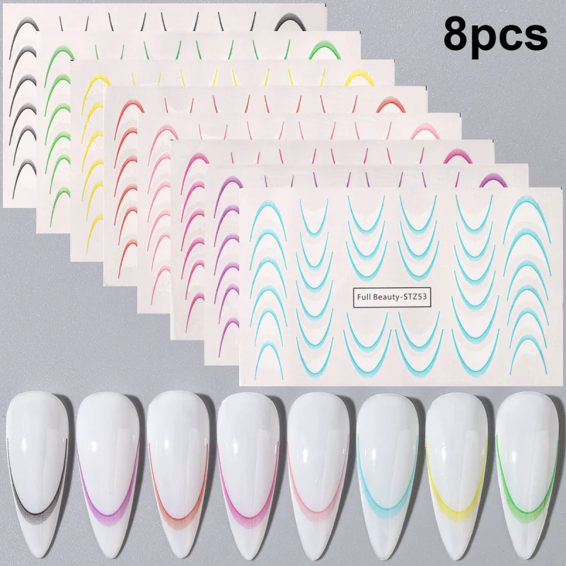 8pcs Gradient French Line Water Nail Stickers Set Colorful Stripe Ombre Designs Decals Guides for DIY Decoration Stencil Tools thumbnail 2