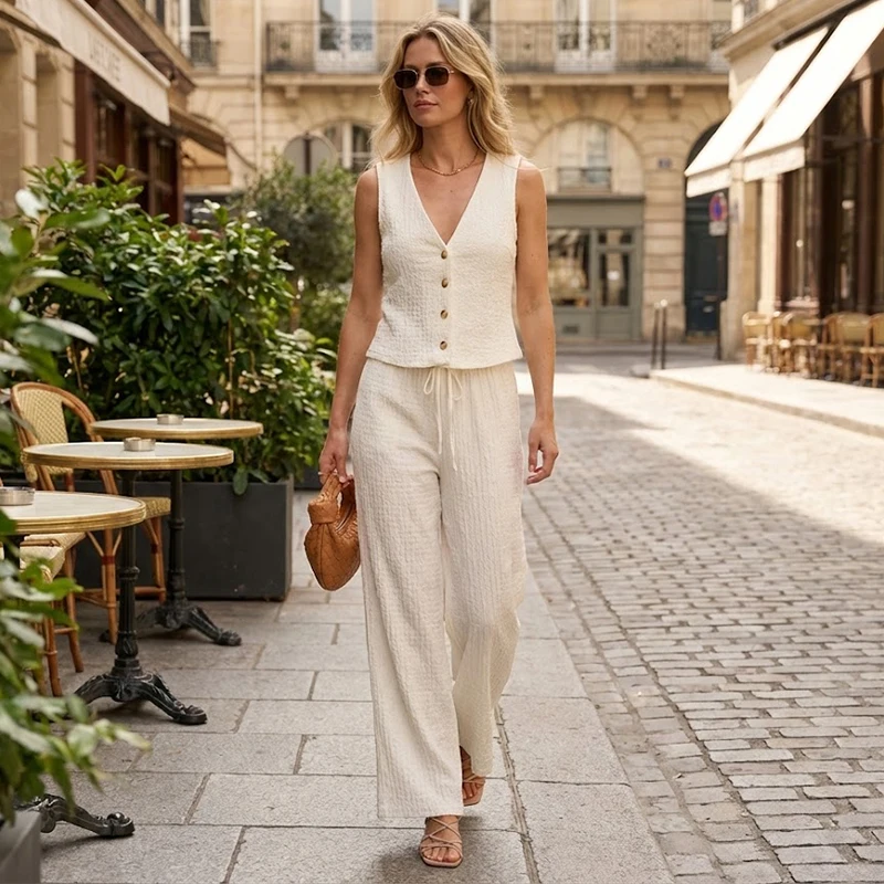 Willshela Women Fashion 2 Piece Set Solid Single Breasted Tank Tops & Vintage HIgh Elastic Waist Pants Female Chic Pants Suit thumbnail 6