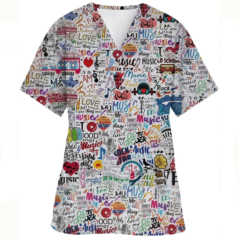 Nursing Uniform Women's Working Clothes Scrubs Top with Two Pockets Graphic Printing V-Neck Medical Short Sleeve Tees Blouse thumbnail 2