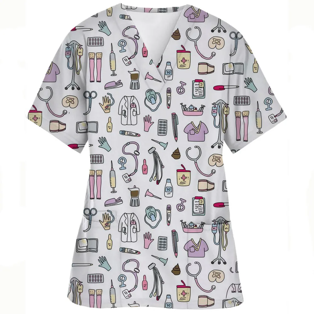 Nursing Uniform Women's Working Clothes Scrubs Top with Two Pockets Graphic Printing V-Neck Medical Short Sleeve Tees Blouse thumbnail 4
