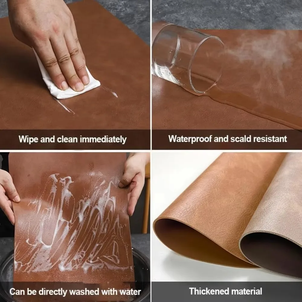 Double Sided Anti Slip PU Insulation Pad Table Mat, Nordic Style Imitation Cowhide Pattern Water Droplet Shaped Leather Placemat thumbnail 4