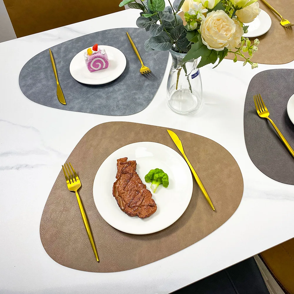 Double Sided Anti Slip PU Insulation Pad Table Mat, Nordic Style Imitation Cowhide Pattern Water Droplet Shaped Leather Placemat thumbnail 2