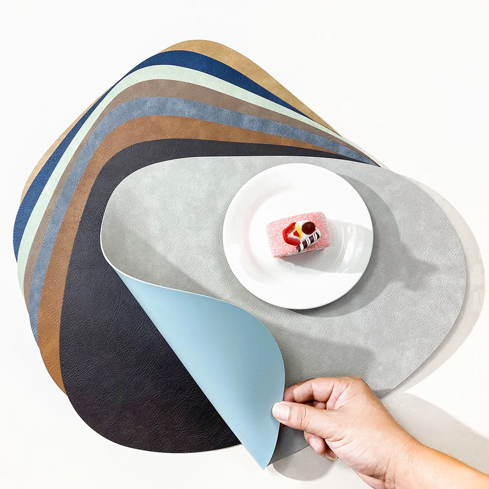 Double Sided Anti Slip PU Insulation Pad Table Mat, Nordic Style Imitation Cowhide Pattern Water Droplet Shaped Leather Placemat thumbnail 3