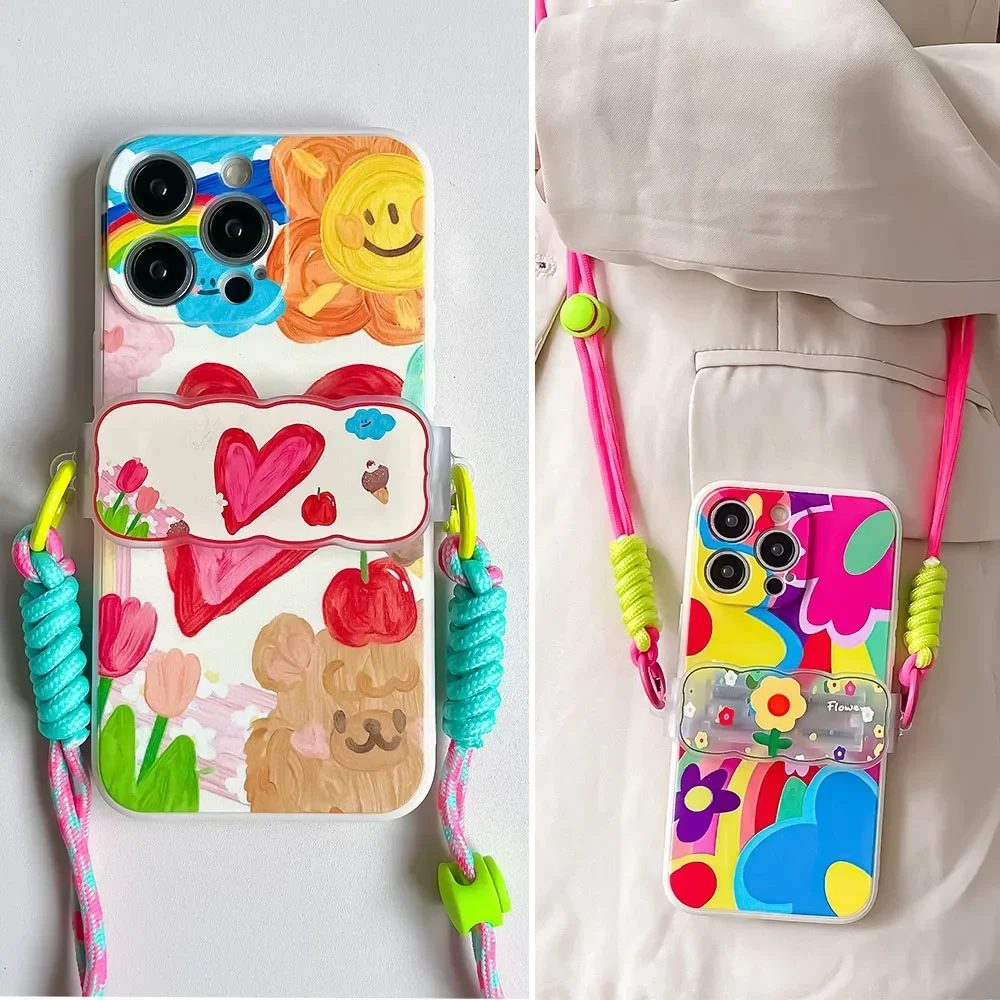 For iPhone 16 16E 17 15 14 13 12 Pro Max Love Heart Back Clip Lanyard Bracket Chain Crossbody Cord Cute Flower Phone Strap Case