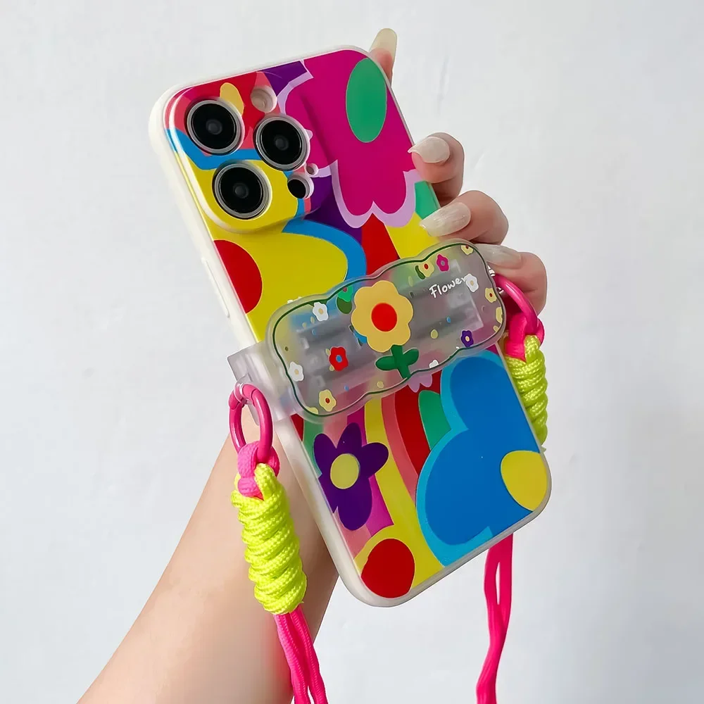 For iPhone 16 16E 17 15 14 13 12 Pro Max Love Heart Back Clip Lanyard Bracket Chain Crossbody Cord Cute Flower Phone Strap Case thumbnail 3
