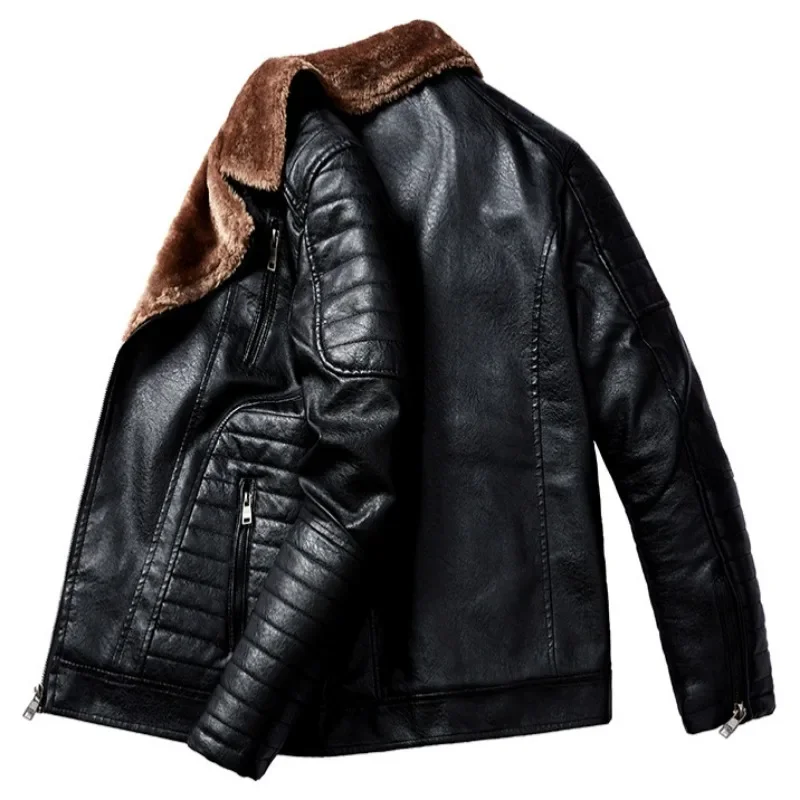 Men Leather Jacket Fur Integrated Locomotive Leather Jacket Coats Long Sleeve Zipper Fur Collar Motorcycle Outwear Faux Leather thumbnail 5