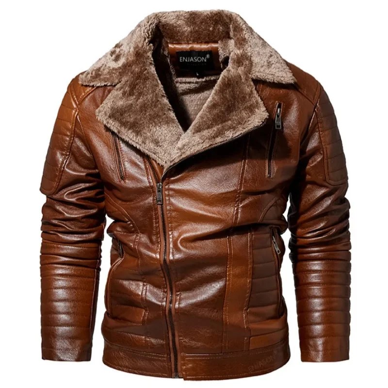 Men Leather Jacket Fur Integrated Locomotive Leather Jacket Coats Long Sleeve Zipper Fur Collar Motorcycle Outwear Faux Leather thumbnail 4
