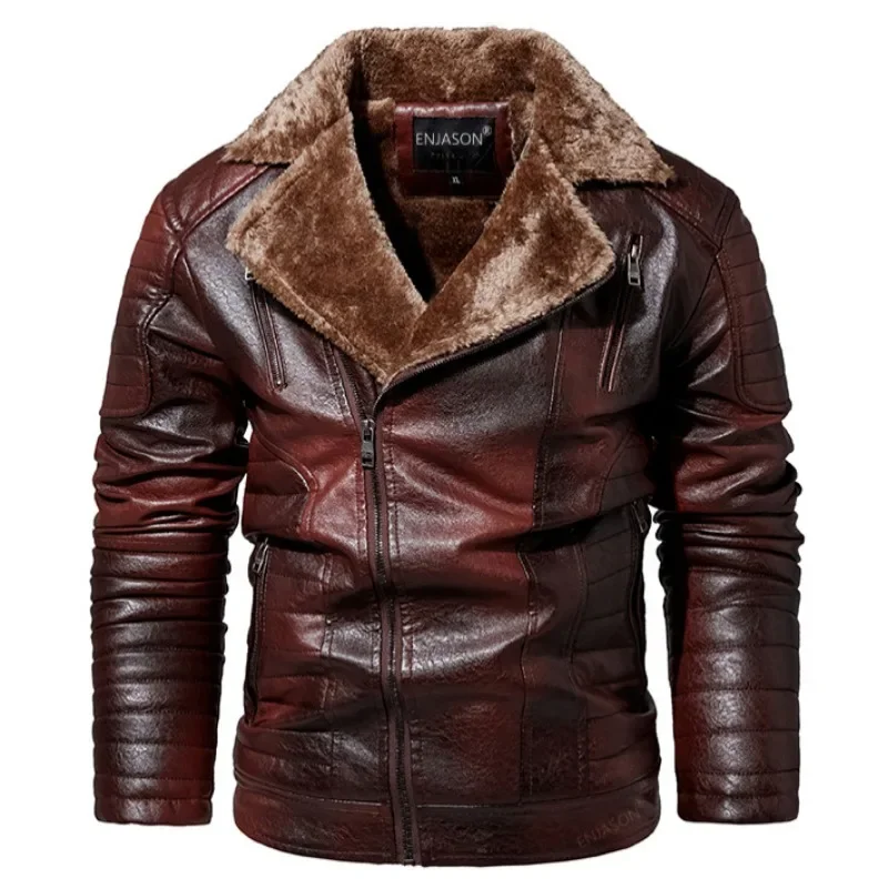 Men Leather Jacket Fur Integrated Locomotive Leather Jacket Coats Long Sleeve Zipper Fur Collar Motorcycle Outwear Faux Leather thumbnail 3