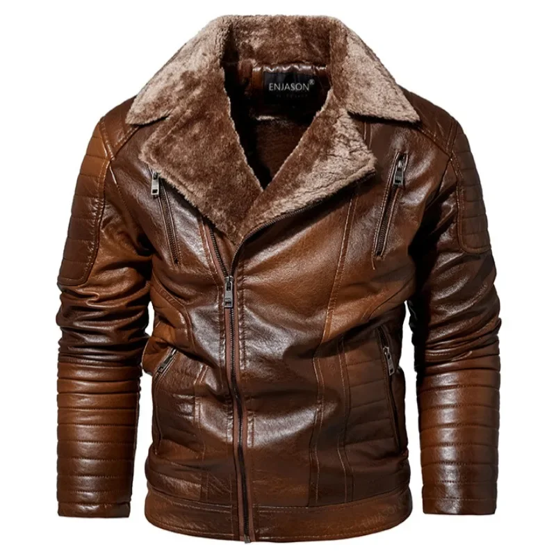 Men Leather Jacket Fur Integrated Locomotive Leather Jacket Coats Long Sleeve Zipper Fur Collar Motorcycle Outwear Faux Leather thumbnail 2