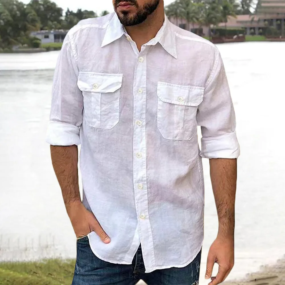 Cotton Linen Men's Shirt Long Sleeve Solid Color Casual Tops Lapel Double Pocket Design Classic Shirt Trendy Male Clothing thumbnail 3
