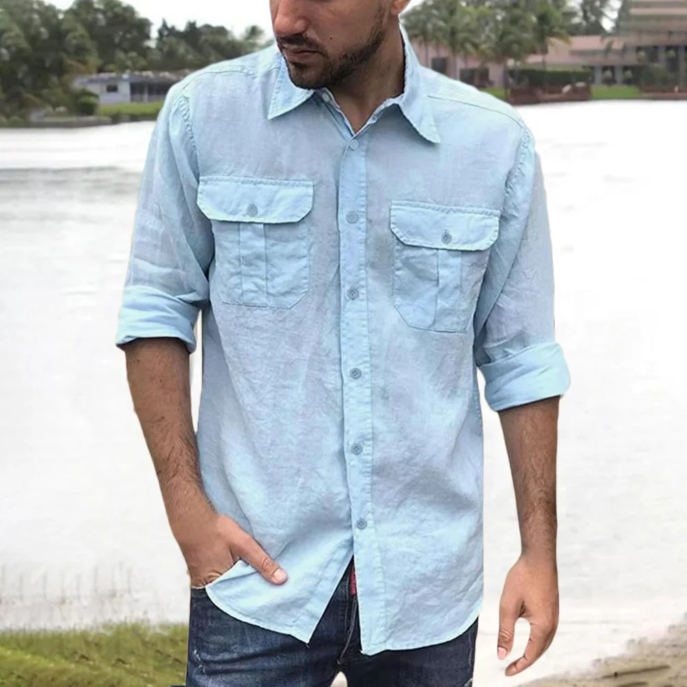 Cotton Linen Men's Shirt Long Sleeve Solid Color Casual Tops Lapel Double Pocket Design Classic Shirt Trendy Male Clothing thumbnail 4