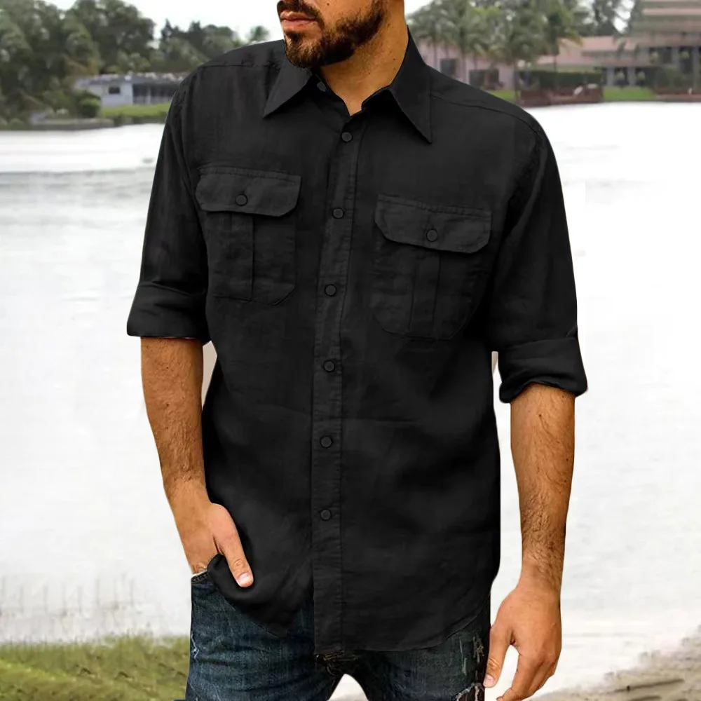 Cotton Linen Men's Shirt Long Sleeve Solid Color Casual Tops Lapel Double Pocket Design Classic Shirt Trendy Male Clothing thumbnail 2