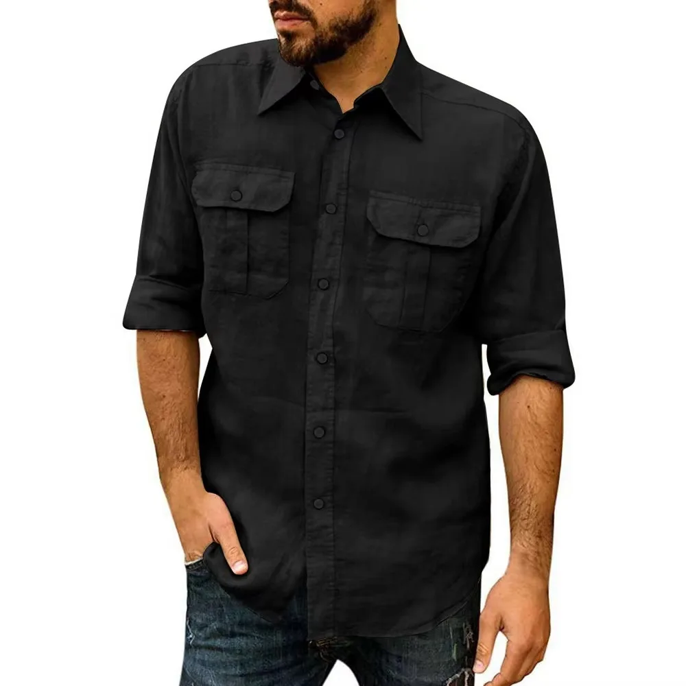 Cotton Linen Men's Shirt Long Sleeve Solid Color Casual Tops Lapel Double Pocket Design Classic Shirt Trendy Male Clothing thumbnail 5