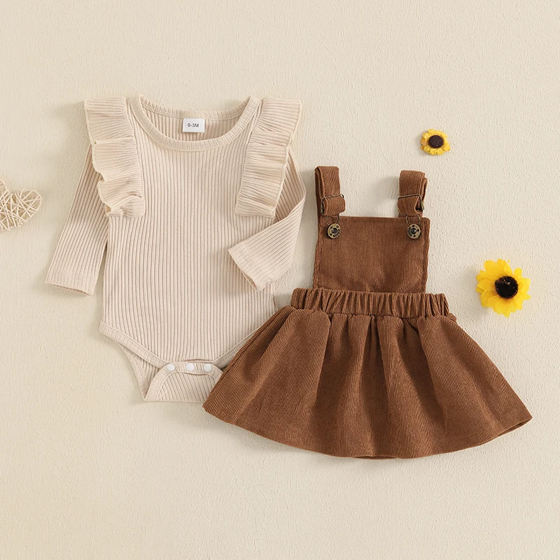 Infant Baby Girl Clothes Ruffles Ribbed Romper Long Sleeve Corduroy Suspender Skirt Dress Fall Winter Outfits thumbnail 2