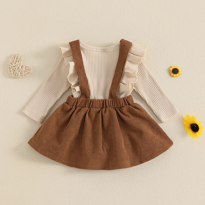 Infant Baby Girl Clothes Ruffles Ribbed Romper Long Sleeve Corduroy Suspender Skirt Dress Fall Winter Outfits thumbnail 3
