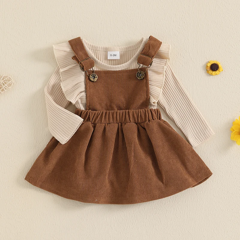 Infant Baby Girl Clothes Ruffles Ribbed Romper Long Sleeve Corduroy Suspender Skirt Dress Fall Winter Outfits thumbnail 4