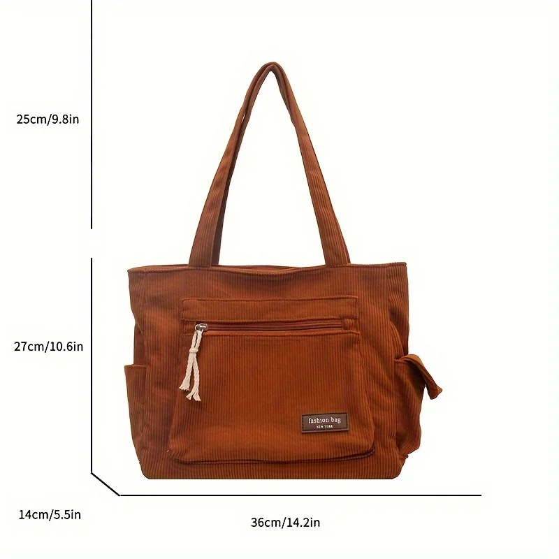Simple Corduroy Tote Bag, Solid Color Shoulder Bag, Retro Multi Pockets Handbag For School Work Shopping thumbnail 3