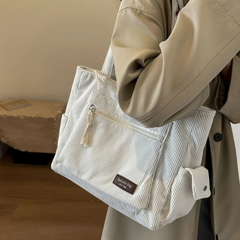 Simple Corduroy Tote Bag, Solid Color Shoulder Bag, Retro Multi Pockets Handbag For School Work Shopping thumbnail 5