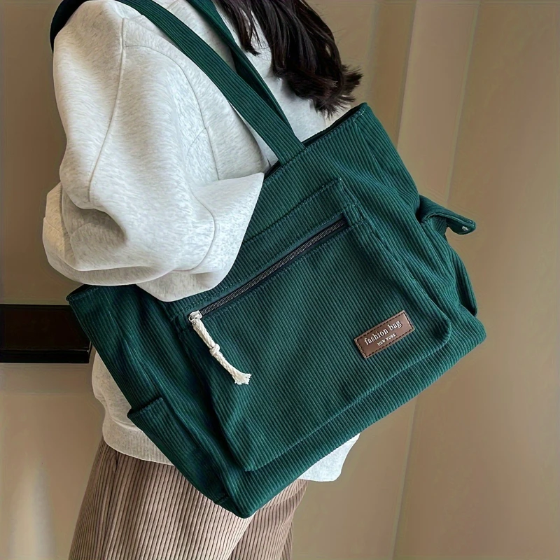 Simple Corduroy Tote Bag, Solid Color Shoulder Bag, Retro Multi Pockets Handbag For School Work Shopping thumbnail 4