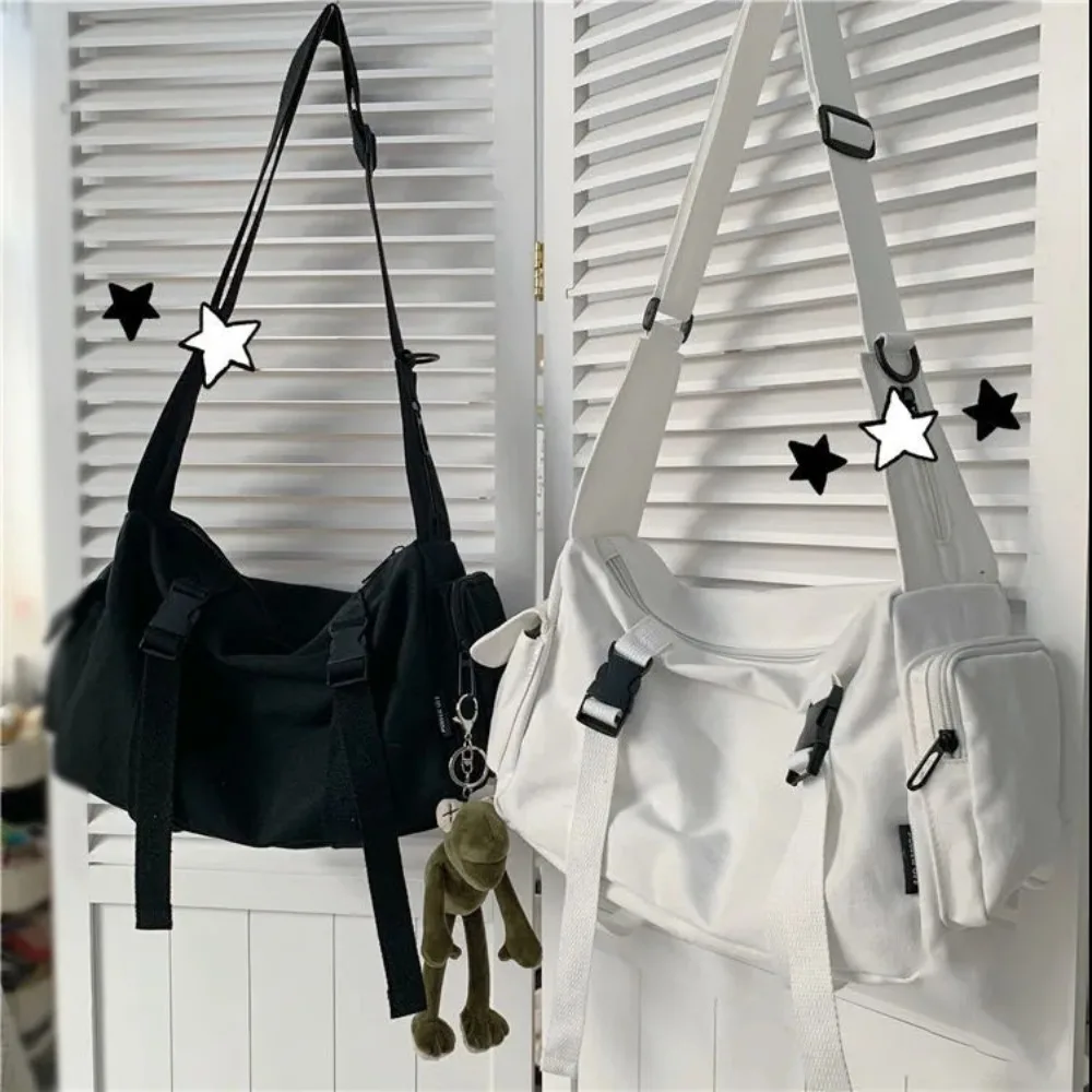 Fashion Black Crossbody Bags Large Capacity Pockets Canvas Tote Nylon Retro Cross-body Bag Zipper Unisex Style Crossbody Bags