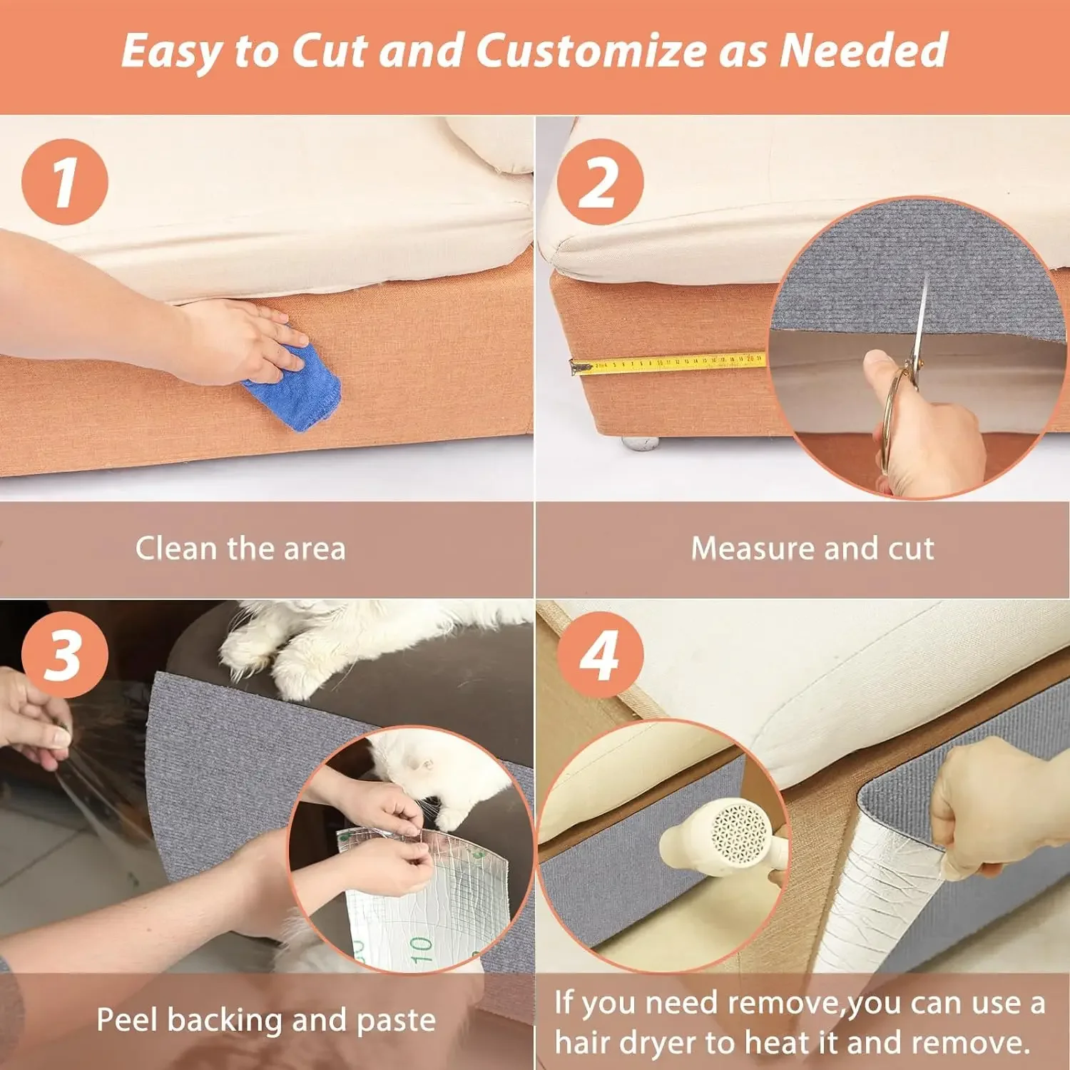 Cat Scratch Protector with Selfadhesive Freeform Cutting Carpet Mat Cat Scratch Protection Furniture Pet Training Sofa Protector thumbnail 5