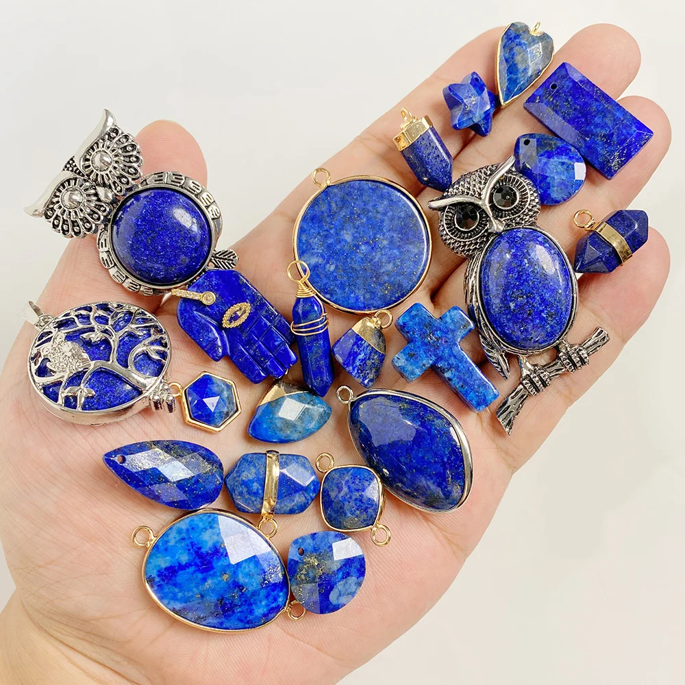 Blue Lapis Lazuli Pendant Gems Cross Hand Oval Shape Natural Stone Lapis Lazuli Charms for Jewelry Making Necklace DIY Bracelet thumbnail 4