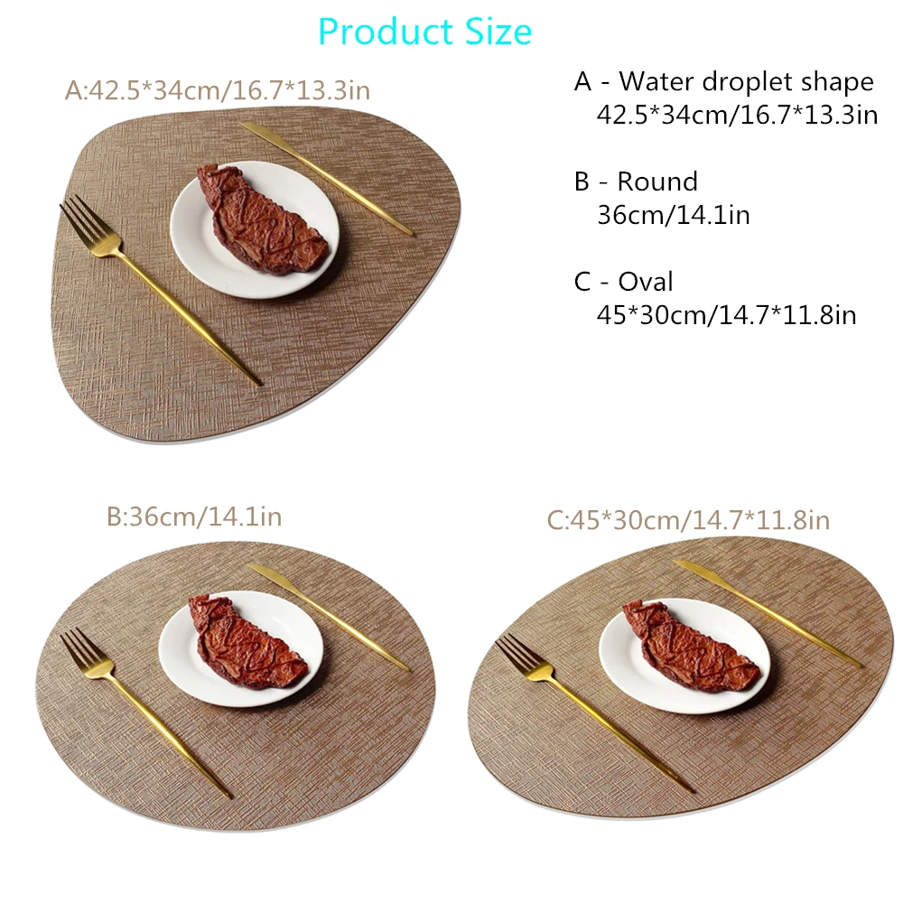 Metal Patterned Double-sided Circular Oval Droplet Shaped Placemats,PVC Leather Insulated,Waterproof,Non Slip Dining Table Mats thumbnail 6