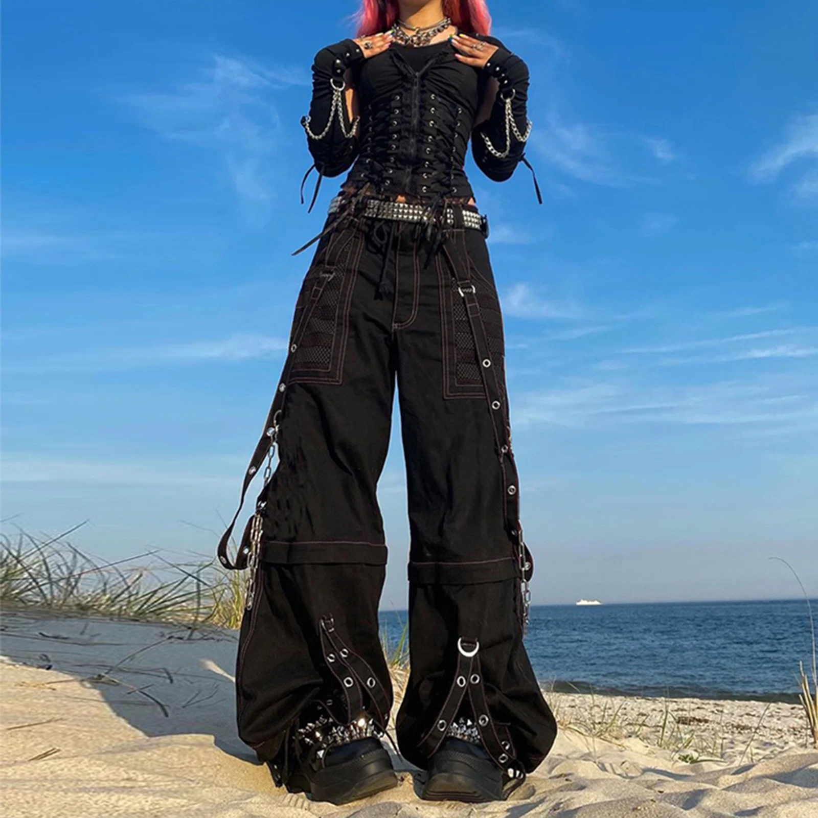 Women Fall Winter Cargo Jeans Striped Zipper Button Closure Loose Casual Trousers Streetwear with Pockets thumbnail 3
