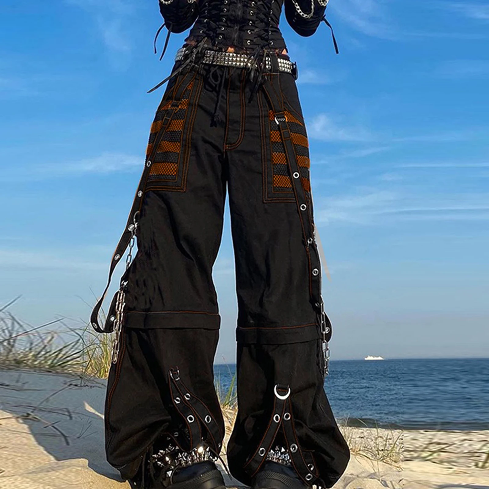 Women Fall Winter Cargo Jeans Striped Zipper Button Closure Loose Casual Trousers Streetwear with Pockets thumbnail 2