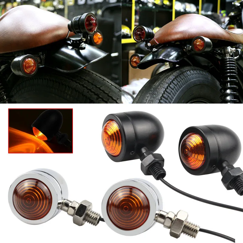 2/4PCS Universal Metal Retro Motorcycle Turn Signal Light Black Chrome Bullet Running Lights Amber Blinkers 12V Indicator Lamp